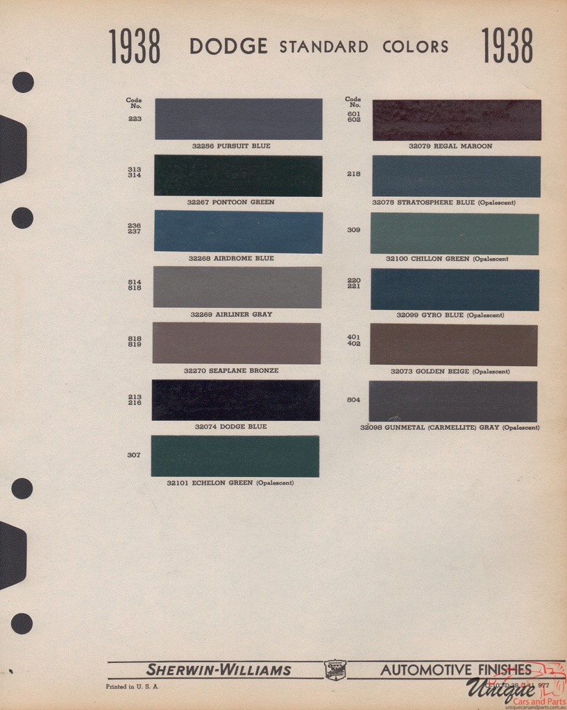 1938 Dodge Paint Charts Williams 1